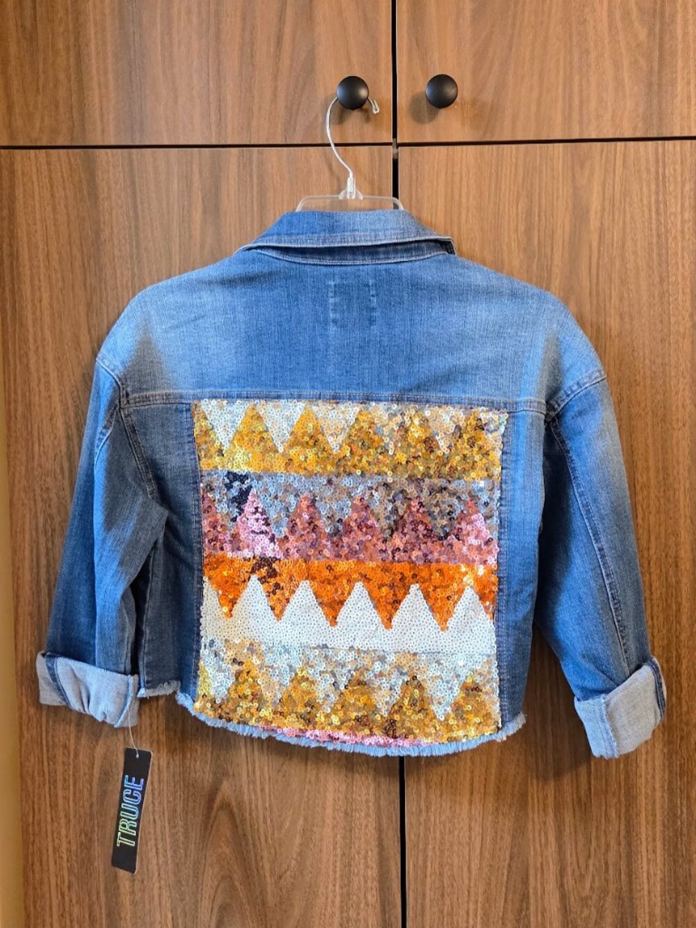 Truce Girl's sz L (10-14) Holiday Fashion Blue Jean Denim Sequins Jacket